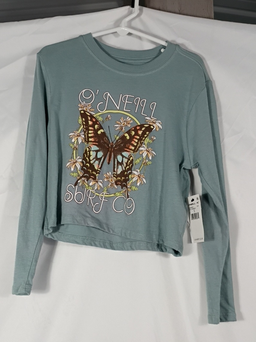 NWT O'Neill Girls Seafoam Long-Sleeve Crop Butterfly Graphic Top Size Small